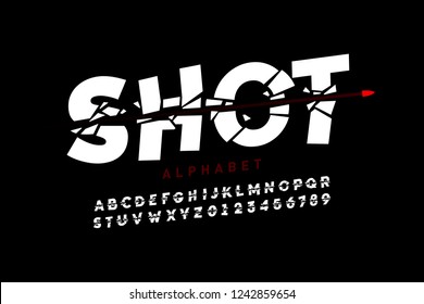Bullet shot font, alphabet letters and numbers vector illustration