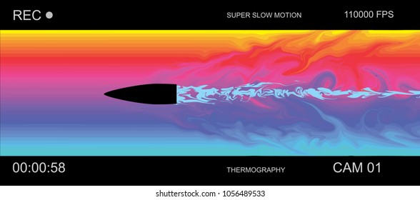 Bullet Shot In Super Slow Motion Video Frame With Thermographic Pattern Effect. High-speed Camera Abstract Visualization. Vector Illustration