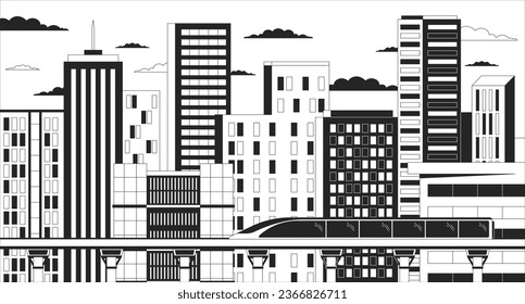 Rascacielos nocturnos del tren de bala papel de pared estético negro y blanco lo fi. Vigencia de edificios de altura, delineación del tren de ferrocarril cartografía vectorial 2D ilustración del paisaje urbano, fondo lofi monocromo