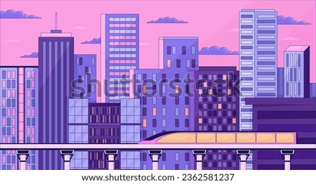 Bullet train night skyscrapers lo fi aesthetic wallpaper. Highrise buildings twilight, railway train 2D vector cartoon cityscape illustration, purple lofi background. 90s retro album art, chill vibes