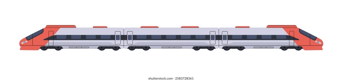 Bullet train side view. Modern high speed passenger railroad transport with carriages. Fast electric railway locomotive with wagons. Rail travel. Flat isolated vector illustration on white background