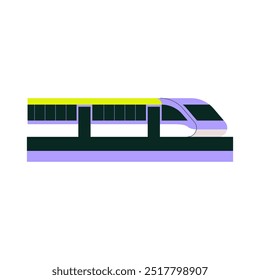 Trem-bala em viagem na via elevada. A ilustração simboliza transporte moderno, trânsito urbano e viagens de trem de alta velocidade. Ilustração isolada de vetor plano para transporte urbano