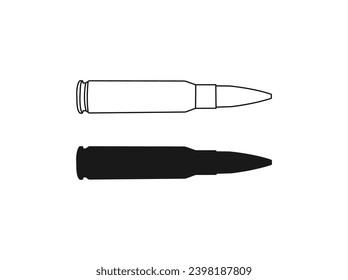 Icono negro vectorial de bala. Icono vectorial de bala de francotirador de alto calibre. Icono de un cartucho para una vintovka. Icono de munición negra. signo vectorial, silueta aislada en fondo blanco. ilustración vectorial.EPS 10.