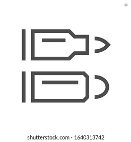 Bullet vector icon. Also called ammo, projectile. That weapon part of firearm ammunition i.e. rifle, 9mm handgun, pistol and revolver. Round cartridge or shell case for shot, military and hunting.