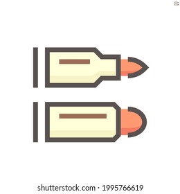 Bullet-Vektorsymbol. Auch bekannt als Mammo, Projektil. Waffenteile von Schusswaffenmunition, d. h. Gewehre, 9 mm Handfeuerwaffe, Pistole und Revolver. Runde Patrone oder Hülle für Schuss, Militär, Jagd. 48 x 48 Pixel