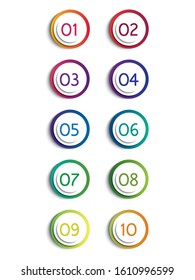 Bulleted dots with numbers from 1 to 10 in colorful text circles with a rainbow gradient. Vector web elements isolated on a white background.
