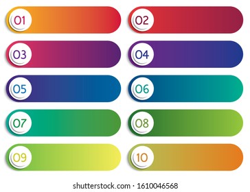 Bulleted points with numbers from 1 to 10 in colorful text fields with a rainbow gradient. Vector web elements isolated on a white background.