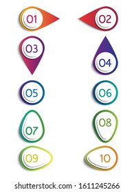 Bulleted points and pointers with numbers. From 1 to 10 in colorful text fields with a rainbow gradient. Vector web design elements isolated on a white background.