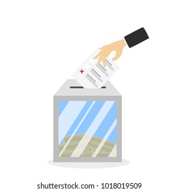 Bulletin in ballot box with tick mark on white background.