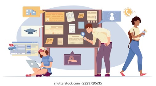 Bulletin board concept with notes symbols flat vector illustration