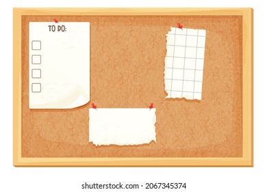  Bulletin Board, cork desk in wooden frame in cartoon style isolated on white background. Grain texture, wall schedule. . Vector illustration
