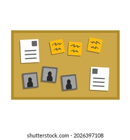 Bulletin Board. Documents, Messages And Photos On Wall. Flat Cartoon Illustration. Scenery Of Detective Story. Corkboard Or Pinboard