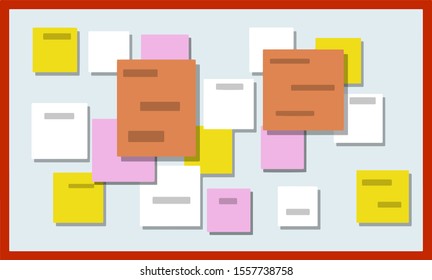 Bulletin board. Information Board with paper, documentation, ads, advertisement and announcement, notification. Wall element. Cartoon flat illustration