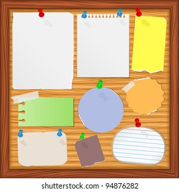 Bulletin board with old paper notes, vector eps10 illustration