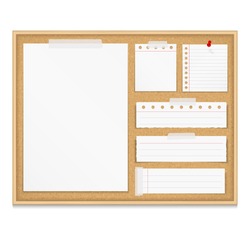 Bulletin Board With Paper Attached By Tape And Push Pin, Corkboard With Paper Notes, Vector Eps10 Illustration