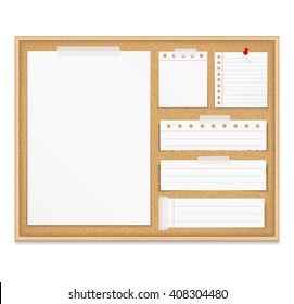 Bulletin board with paper attached by tape and push pin, corkboard with paper notes, vector eps10 illustration
