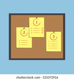 Boletín con notas de papel y pegajosas. Diseño plano.