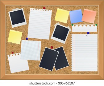 Bulletin board with photos and paper notes, vector eps10 illustration