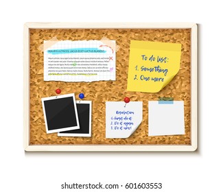 Bulletin Board With Photos, Post It Notes And Torn Paper Pieces, Vector Realistic Illustration. Cork Board With Wooden Frame Isolated On White Background