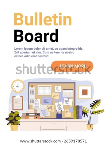 Bulletin board school classroom organization workspace with notes documents calendar clock books plants modern flat banner