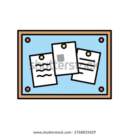 A bulletin board with several white sticky notes and papers pinned to it, featuring a clean flat design and bold outlines.