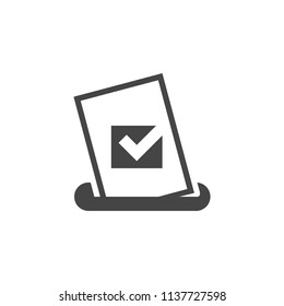 Bulletin with check mark placed in box. Voting document glyph icon. Marketing survey, anonymous choice, quality control service concept label. Vector logo in black flat style isolated