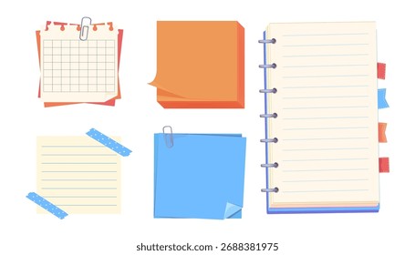 Bulletin paper, notes lined list set, notebook office or school blank notebook for homework and exercises. Sticky stickers reminders, notebook clippings, stationery, planner, 