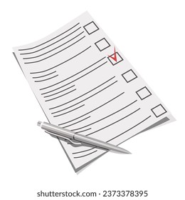 Boletín con una marca de verificación roja y un bolígrafo, aislado en un fondo blanco.Ilustración vectorial para los diseños electorales.