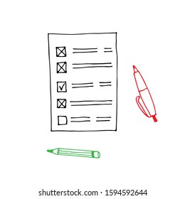 Bulletin, statement, newsletter, list, choice of options, pen and pencil. Voting, choice, election concept. Doodle hand drawn stile. Vector colored illustration for poster, cards and web.