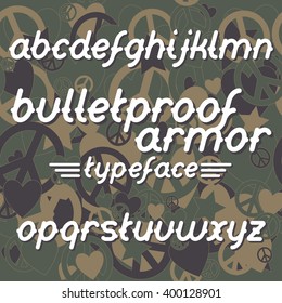 Bulletproof armor font set. Vector typeface on military camouflage background
