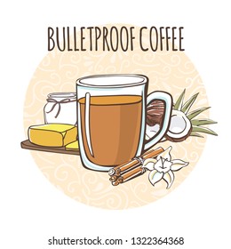 Bulletproof coffee. Vector illustration of a buttered caffeine keto drink and its ingredients: coconut oil and butter. Hot beverage in a mug on a circle background with doodle swirls on white. 