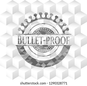 Bullet-proof realistic grey emblem with geometric cube white background