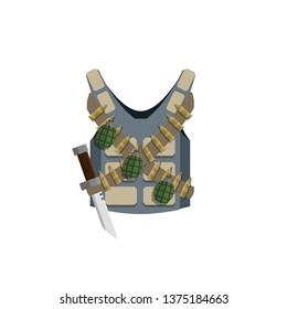 Bulletproof vest with ammunition, bullets, grenade, knife. Soldier Guerrilla clothes. Military uniform. Shooter and trooper. flak jacket and knife. Cartoon flat illustration