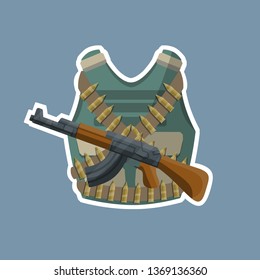 Bulletproof vest with ammunition, bullets,  and machine gun. Soldier's rifle. Guerrilla clothes. Military uniform. Shooter and trooper. flak jacket. Cartoon flat illustration