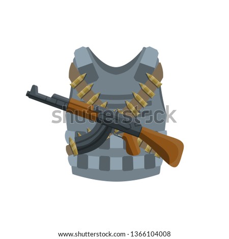 Bulletproof vest with ammunition, bullets, and machine gun. Soldier's rifle. Guerrilla clothes. Military uniform. Shooter and trooper. flak jacket. Cartoon flat illustration