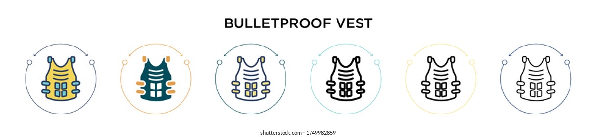 Bulletproof vest icon in filled, thin line, outline and stroke style. Vector illustration of two colored and black bulletproof vest vector icons designs can be used for mobile, ui, web
