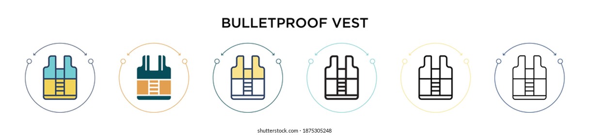 Icono de chaleco a prueba de balas en estilo relleno, delgado, contorno y trazo. Ilustración vectorial de dos iconos vectoriales coloreados y negros a prueba de balas se pueden utilizar para móviles, ui, web