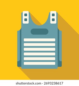 Icono de chaleco a prueba de balas en estilo plano con sombra larga sobre un fondo amarillo