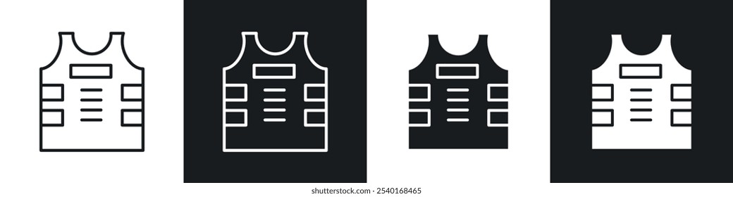 Bulletproof vest icon set. Vector symbols in black and white colors.