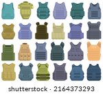 Bulletproof vest icons set cartoon vector. Armor body. Bodyguard vest