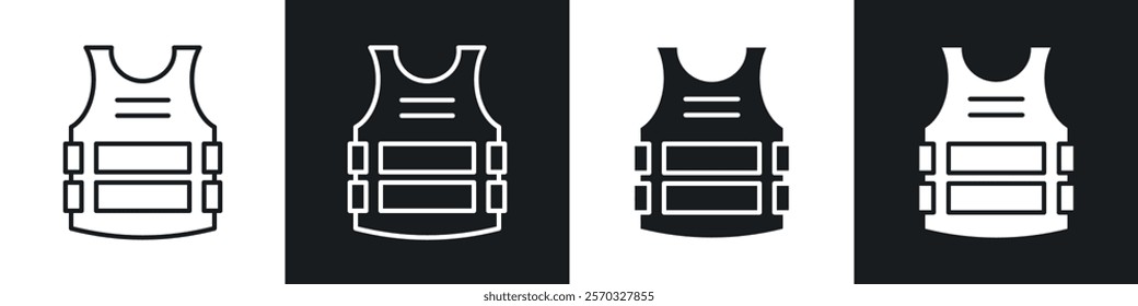 Bulletproof vest icons vectors set in black. line and flat versions