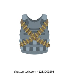 Bulletproof vest. Military Clothing modern trooper. Patronage with shot. Spare bullets and a special soldier's uniform. Gunner armor. Cartoon flat illustration