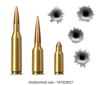 Bullets and bullet holes isolated on white background. Realistic vector illustration