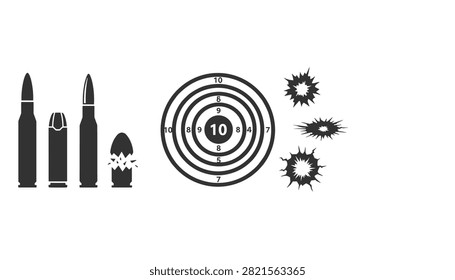Bullets collection target and bullet hole splashes silhouette vector illustration isolated on white background.