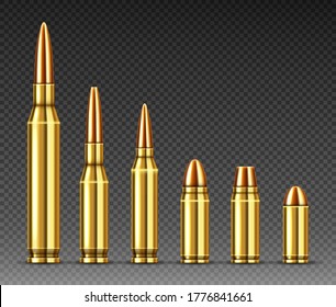 Bullets of different calibers stand in row from big to small. Copper or gold colored shots, military handgun ammo weapon metal gunshots isolated on transparent background, realistic 3d vector set