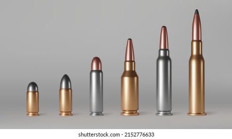 Bullets Of Different Calibers Stand In Row. Copper, Gold Or Silver Colored Shots, Military Handgun Ammo Weapon Metal Gunshots Isolated On Background, Realistic 3d Vector Set