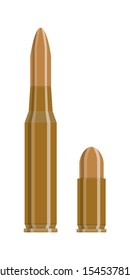 Bullets flat vector illustration. War ammunition and weapon. 9mm caliber gun bullet isolated on white background. Automatic pistol, gun cartridges. Military dangerous object design element