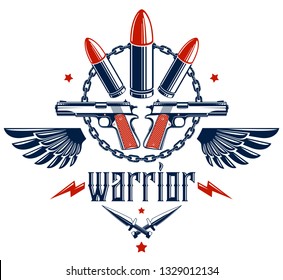 Bullets and guns vector emblem of Revolution and War, logo or tattoo with lots of different design elements, anarchy and chaos concept, criminal and gangster style, social tension theme.