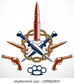 Bullets and guns vector emblem of Revolution and War, logo or tattoo with lots of different design elements, anarchy and chaos concept, criminal and gangster style, social tension theme.