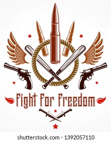 Bullets and guns vector emblem of Revolution and War, logo or tattoo with lots of different design elements, anarchy and chaos concept, criminal and gangster style, social tension theme.
